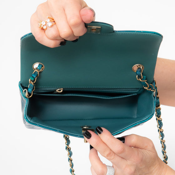 Chanel Blue Green Patent Mini Rectangular Flap Bag