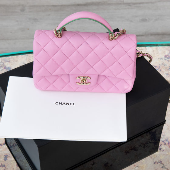 Chanel Pink And Green Mini Rectangular Top Handle Bag