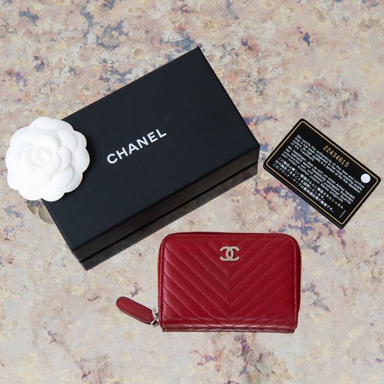 Chanel Red Leather Chevron Zip Wallet