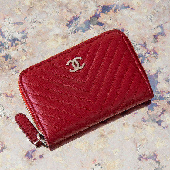 Chanel Red Leather Chevron Zip Wallet