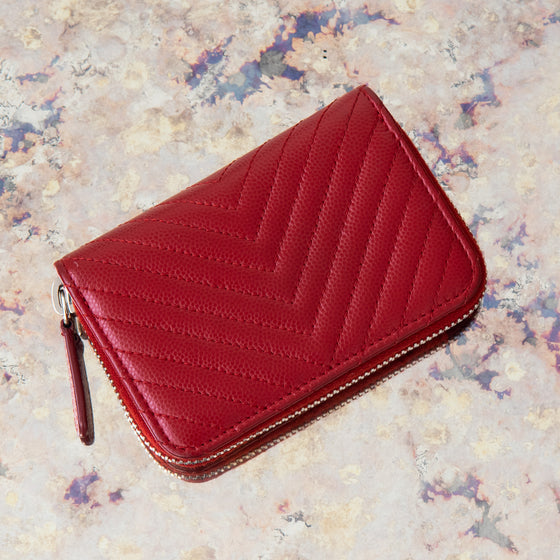 Chanel Red Leather Chevron Zip Wallet