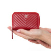 Chanel Red Leather Chevron Zip Wallet