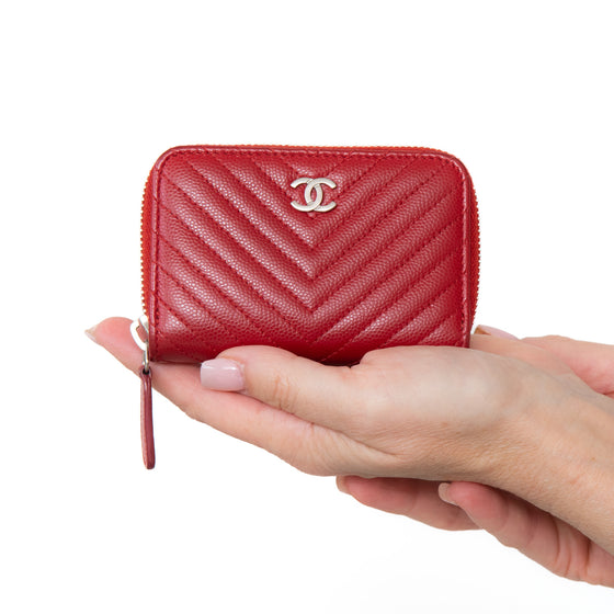 Chanel Red Leather Chevron Zip Wallet