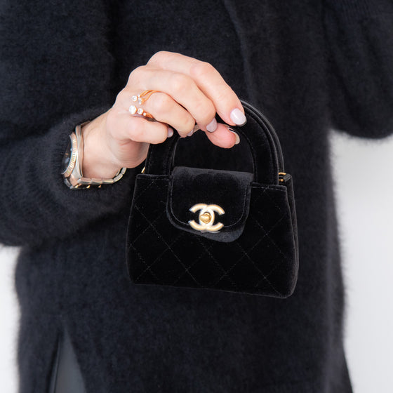 Chanel 24A Kelly Mini Nano Black Velvet  Bag