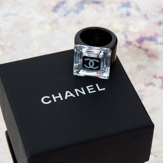 Chanel Square Crystal CC Resin Cocktail Ring