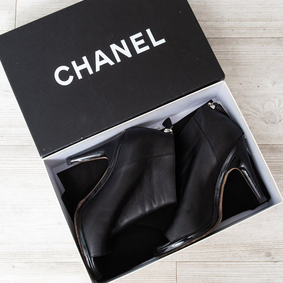 Chanel Black Leather Open Toe Ankle Boots