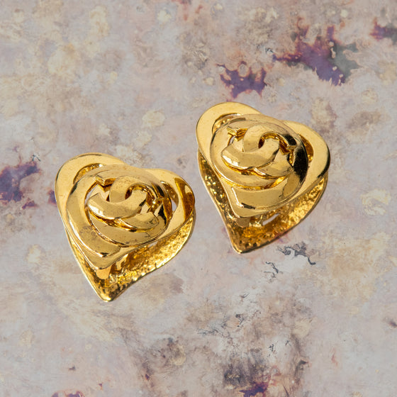 Chanel Gold Tone Clip On Heart Earrings