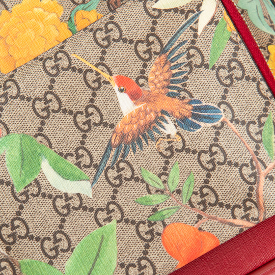 Gucci Tian Web Small Day Backpack In Floral Hummingbird Beige Supreme  Red Calfskin Leather