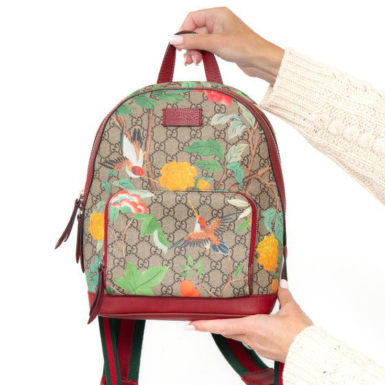 Gucci Tian Web Small Day Backpack In Floral Hummingbird Beige Supreme  Red Calfskin Leather
