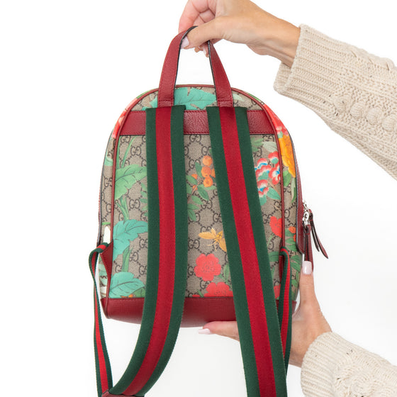 Gucci Tian Web Small Day Backpack In Floral Hummingbird Beige Supreme  Red Calfskin Leather
