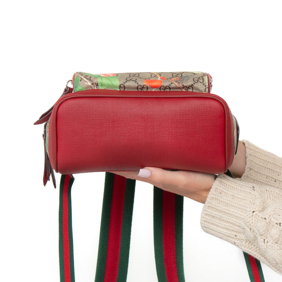 Gucci Tian Web Small Day Backpack In Floral Hummingbird Beige Supreme  Red Calfskin Leather