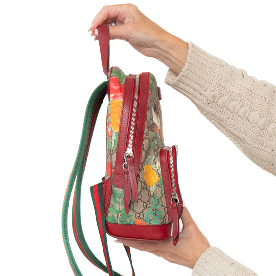 Gucci Tian Web Small Day Backpack In Floral Hummingbird Beige Supreme  Red Calfskin Leather