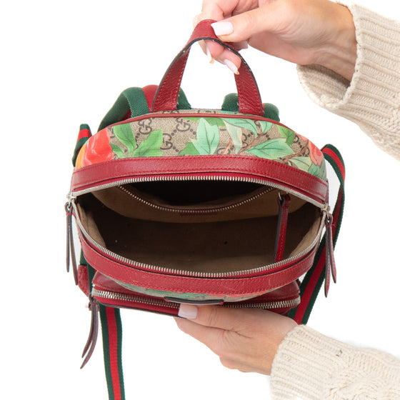 Gucci Tian Web Small Day Backpack In Floral Hummingbird Beige Supreme  Red Calfskin Leather
