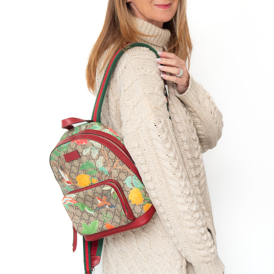 Gucci Tian Web Small Day Backpack In Floral Hummingbird Beige Supreme  Red Calfskin Leather