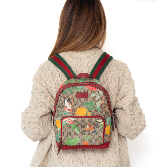 Gucci Tian Web Small Day Backpack In Floral Hummingbird Beige Supreme  Red Calfskin Leather