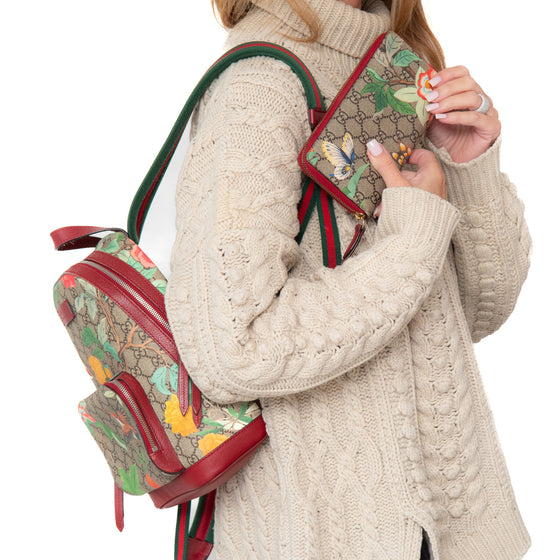 Gucci Tian Web Small Day Backpack In Floral Hummingbird Beige Supreme  Red Calfskin Leather