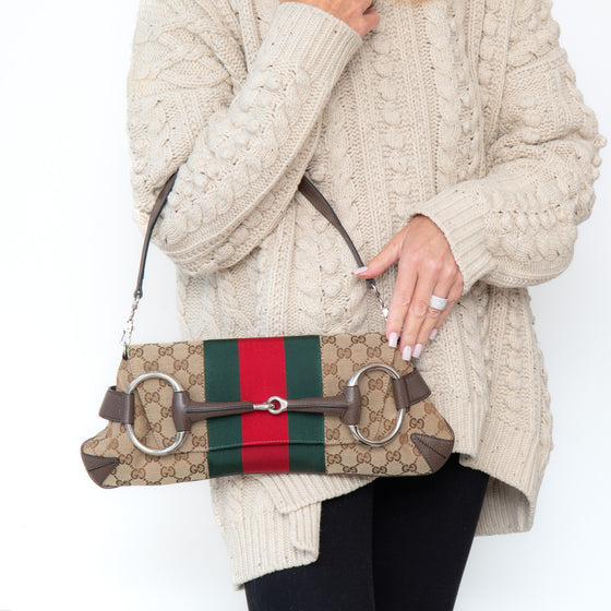 Gucci Beige And Ebony Horsebit Chain Medium Shoulder Bag