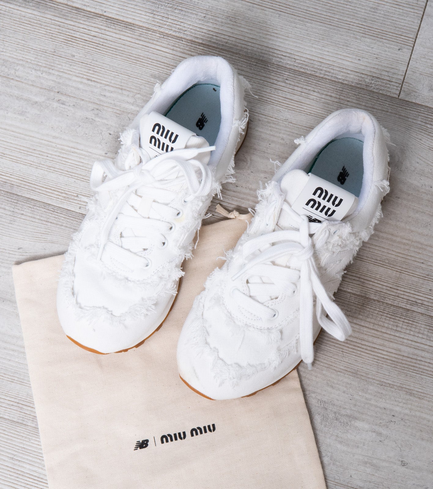 New Balance Miu Miu White Denim Sneakers - EVEYSPRELOVED