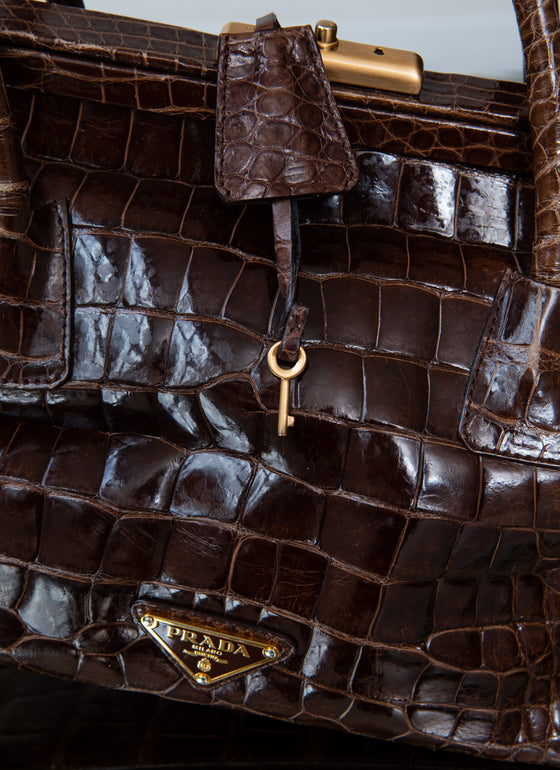 Prada Vintage Brown Crocodile Bag with Gold Tone Hardware