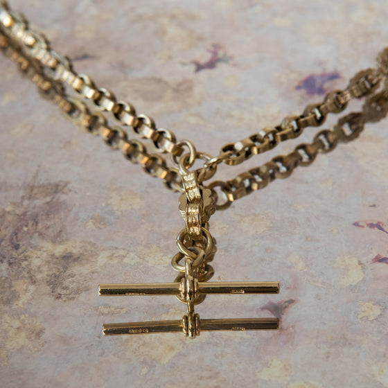 Yellow Gold Fancy Link Albert Chain Necklace with T Bar Herestosecondlove