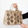 Prada Tan Beige Floral Appliqué Spazzolato Tote Bag Patent with Gold Tone Hardware