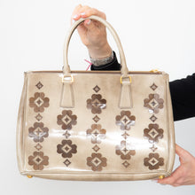  Prada Tan Beige Floral Appliqué Spazzolato Tote Bag Patent with Gold Tone Hardware