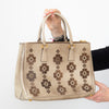 Prada Tan Beige Floral Appliqué Spazzolato Tote Bag Patent with Gold Tone Hardware