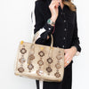 Prada Tan Beige Floral Appliqué Spazzolato Tote Bag Patent with Gold Tone Hardware