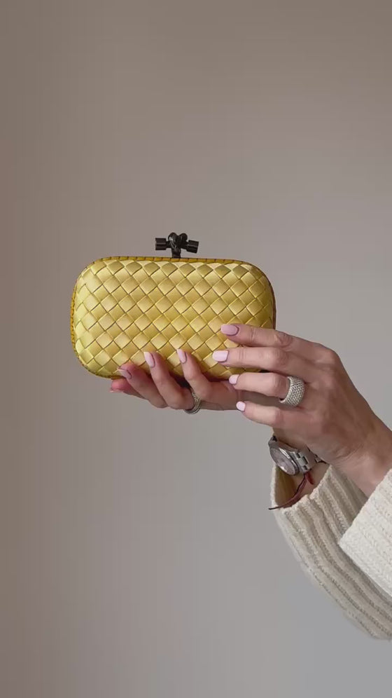 Bottega Veneta Gold Satin Intrecciato Knot Clutch Bag