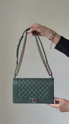 Chanel Metallic Green Leather Rainbow Hardware  Old Medium Boy Bag