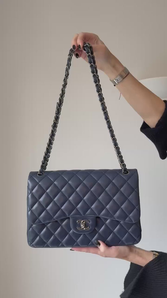 Chanel Navy Jumbo Classic Double Flap Bag In Lambskin Leather