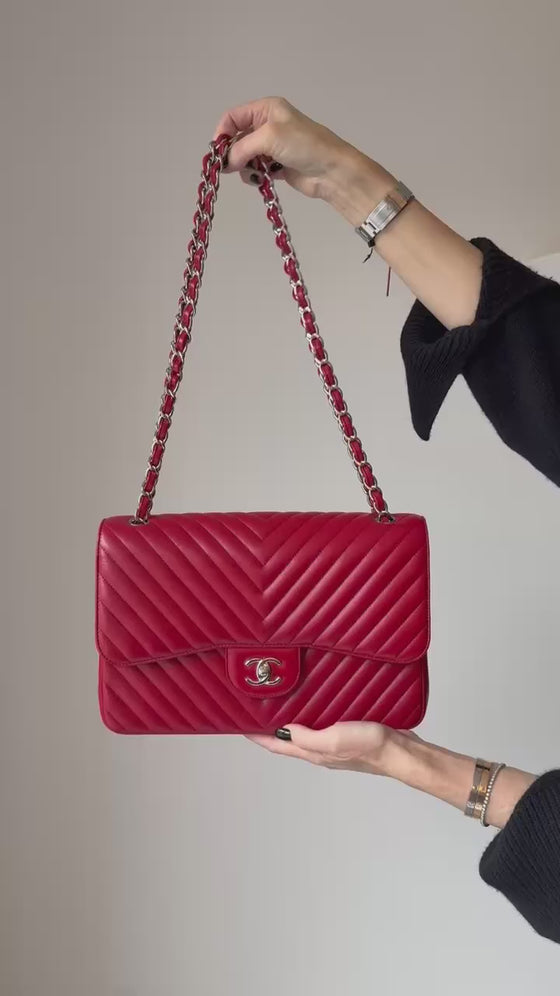 Chanel Red Jumbo Classic Double Flap Bag In  Chevron Caviar Leather