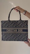 Christian Dior Medium Dior Book Tote Bag Ecru And Blue Dior Oblique Embroidery