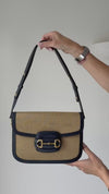 Gucci Navy Horsebit 1955 Raffia And  Leather Shoulder Bag