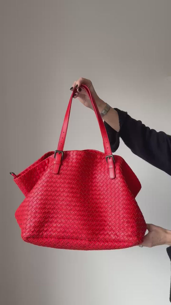 Bottega Veneta Red Intrecciato Woven Nappa Leather Cesta Tote Bag