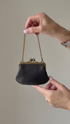 Chanel Vintage Black Leather CC Kiss Lock Clutch On Chain Bag