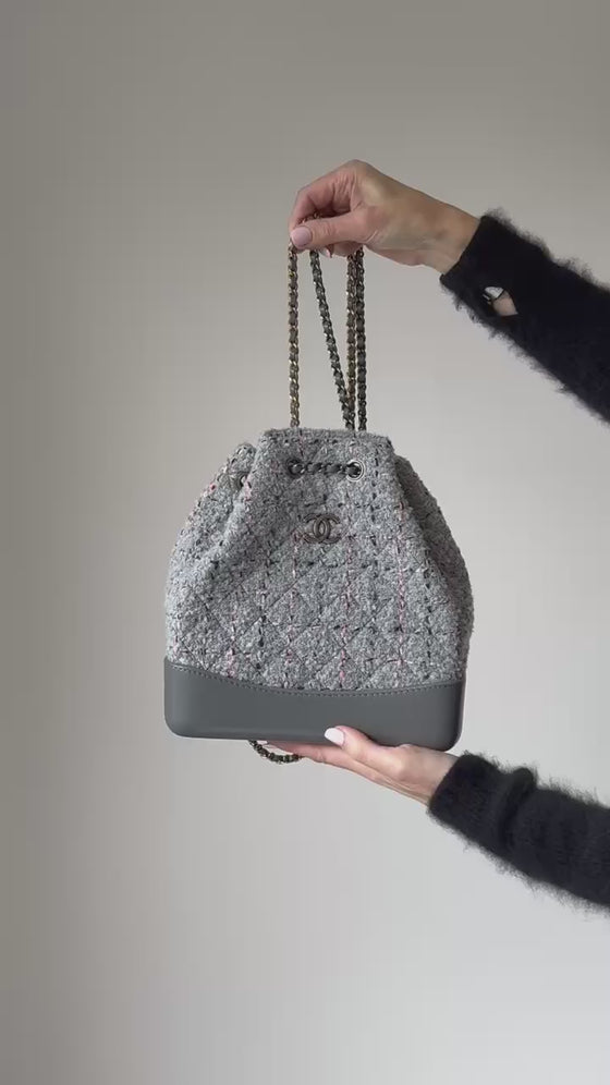 Chanel Quilted Small Gabrielle Backpack in Grey And Pink Boucle Tweed