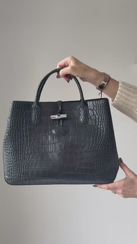 Longchamp Roseau Black Mock Croc Embossed Leather Tote Bag