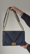 Chanel Navy Blue Chevron Leather Large Boy Bag
