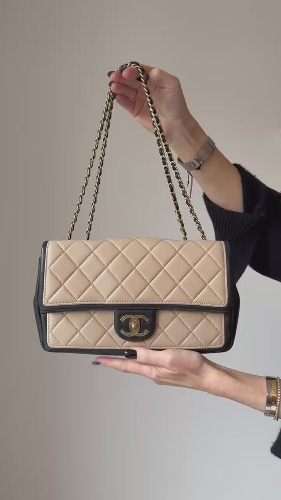 Chanel Two Tone Beige And Black Leather Graphic Flap Bag