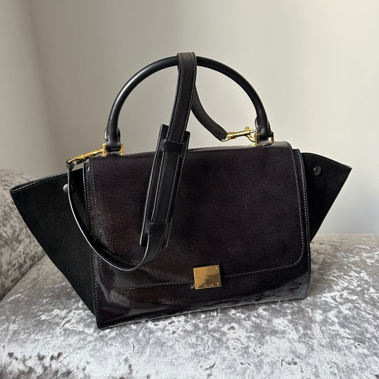 Celine Trapeze Black Patent Leather and Suede Bag - EVEYSPRELOVED